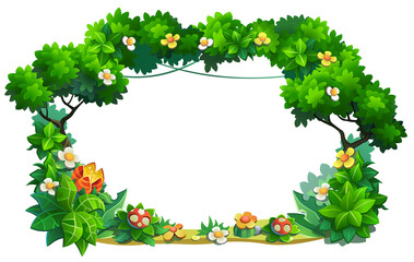 Vector frame of plants, flowers and trees, isolated on white background, field for text.