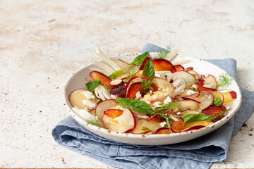 Summer salad with nectarine, plum , fennel and mint and cheese.