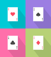 Flat Vector illustration set of playing ace cards icon with easy editable long shadow. EPS 10.