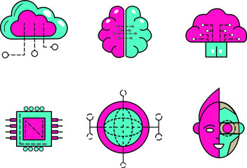 set of colorful vector icons of cyborg and artificial intellegence 