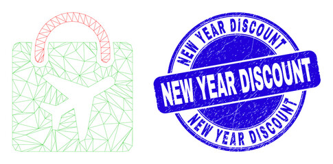 Obraz premium Web mesh airport shopping bag pictogram and New Year Discount seal stamp. Blue vector round distress stamp with New Year Discount message.