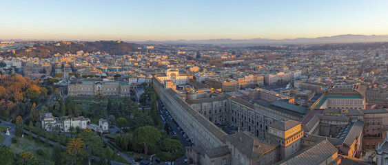 View of Vatican city and Rome from the dome of Saint Peter cathedral in the morning