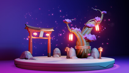 Fototapeta premium Low Poly - japanese on island in purple blue background .3D rednering