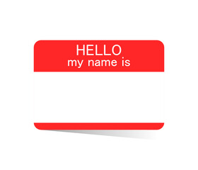 Hello My name is red blank with shadow on white background.