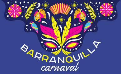 Barranquilla Carnival poster or card design with colorful traditional Colombian folklore symbols on blue with text below, colored vector illustration