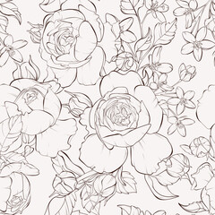 Seamless pattern with rose flowers. Hand-drawn contour lines and strokes..