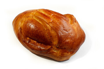 tasty baked bun with crispy golden crust and sweet berry jam on a white background