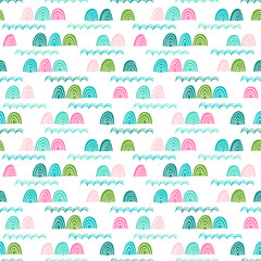 Seamless pattern with stylized cliffs and waves. Cute vector background with stylish rocks great for fabric, wallpaper, wrapping paper, kids theme. - 358628831