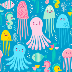 Seamless vector pattern with octopus, seahorse, fish, jellyfish, sea star and water plants.