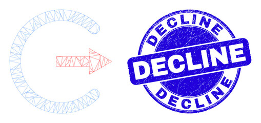Fototapeta premium Web carcass log out icon and Decline seal stamp. Blue vector rounded distress seal stamp with Decline title. Abstract carcass mesh polygonal model created from log out pictogram.