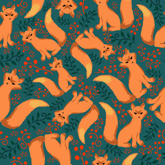Naklejka premium Fox hand drawn seamless pattern vector illustration