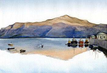 Isle of Skye harbour, Scotland, England. Watercolor hand drawn landscape. Touristic view for cards, booklets or other design.