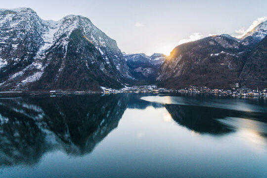 Aerial drone photo of Obertraun Lake Hallstatt in Salzkammergut, Austria in Winter