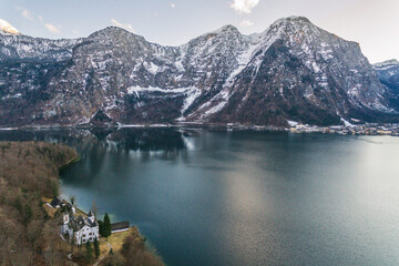 Fototapeta na wymiar Aerial drone photo of Obertraun Lake Hallstatt in Salzkammergut, Austria in Winter