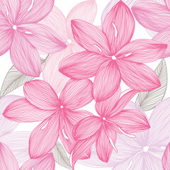 Tender Lilies flowers seamless pattern. Openwork floral pattern with pink lilies. Flower lace pattern. Doodle. Abstract vector illustration. Wedding Invitation or greeting card with lace pattern.