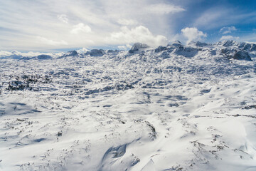 Fototapeta na wymiar Winter in Dachstein Krippenstein mountains in Obertraun, Austria aerial drone photo
