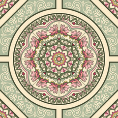 Seamless patchwork tile with Victorian motives. Seamless vintage pattern with flowers. Antique Victorian wall tile. Hand drawn Vector illustration