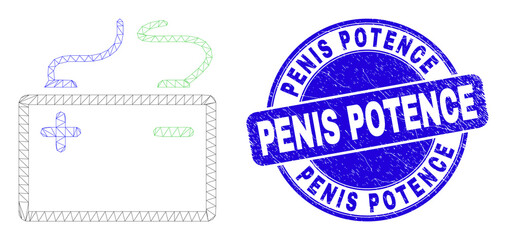 Obraz premium Web mesh accumulator battery icon and Penis Potence seal stamp. Blue vector rounded grunge seal with Penis Potence message. Abstract frame mesh polygonal model created from accumulator battery icon.