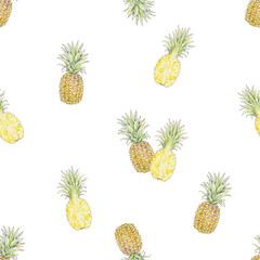 Pineapple on a white background. Watercolor colourful illustration. Tropical fruit. Seamless pattern for design.