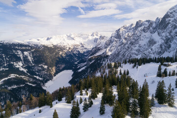 Winter in Dachstein mountains Limestone Alps in Austria aerial drone photo