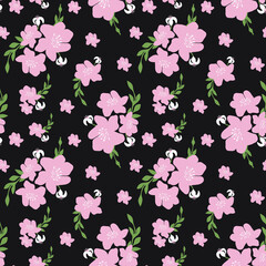 Seamless floral pattern. Pink and white flowers on a black background