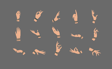 Hands with bracelets and rings in ethnical style in different positions to express feelings and emotions drawing on gray background