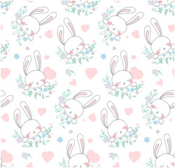 Seamless vector pattern.Delicate white hare in pink and blue colors and hearts around. Children's vector illustration in pastel colors. For newborn