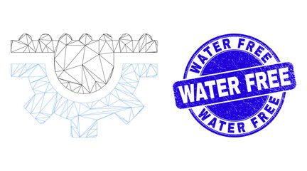 Web carcass water gear icon and Water Free seal stamp. Blue vector rounded textured seal stamp with Water Free text. Abstract frame mesh polygonal model created from water gear icon.