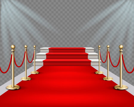 Vector illustration of high podium with stairs and red carpet and lights projectors. Realistic illustration in transparent background. Red carpet event design element