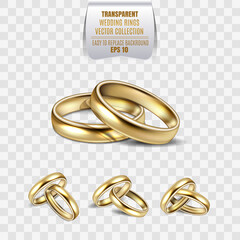 Realistic 3D shining set of wedding gold plated metallic rings. Two yellow rings on transparent background isolated for a married couple. Vector illustration. EPS 10.