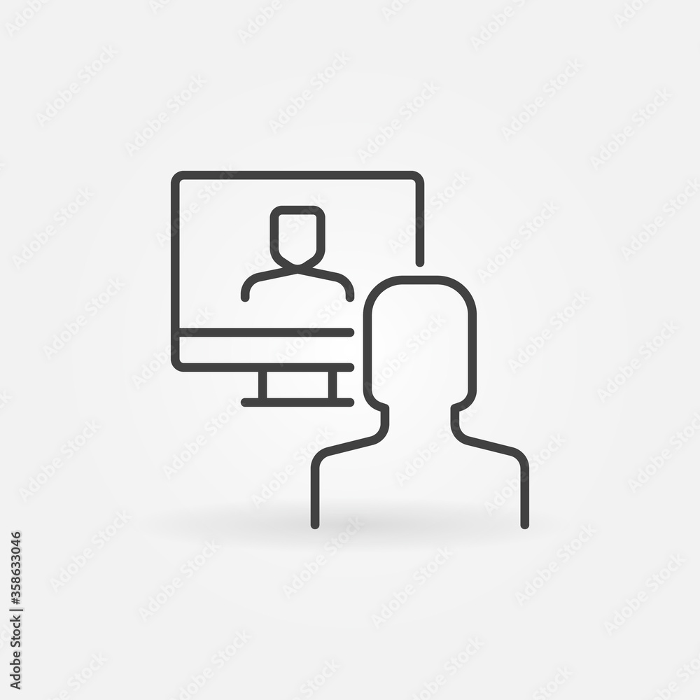 Poster online video conference line icon. man in front on his computer concept symbol or design element