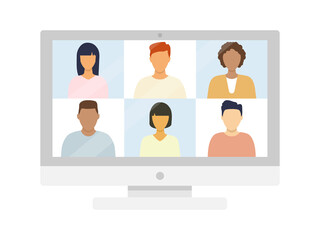 Computer with group of people taking in video conference. Online meeting with multicultural friends. Vector illustration isolated on white.