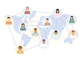 People icons connected to each other communication. Abstract social network world scheme vector illustration isolated on white.