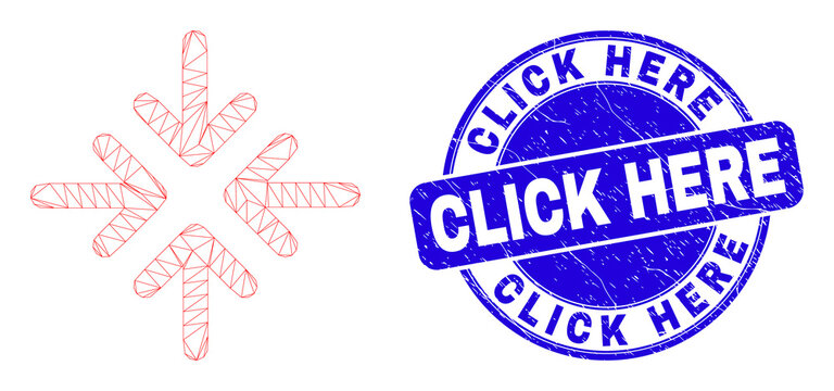 Web carcass meeting point arrows icon and Click Here seal stamp. Blue vector round textured stamp with Click Here text. Abstract carcass mesh polygonal model created from meeting point arrows icon.
