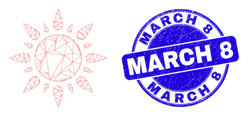 Obraz premium Web mesh sunshine icon and March 8 seal stamp. Blue vector round distress seal with March 8 message. Abstract frame mesh polygonal model created from sunshine icon.