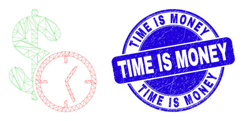 Web carcass dollar credit time icon and Time Is Money seal stamp. Blue vector rounded grunge seal with Time Is Money caption.