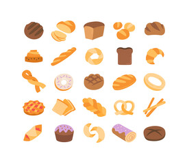 Large set of 25 colorful bread icons showing assorted loaves, rolls, buns, cakes, pretzels, bagels and pastries in vector line drawings