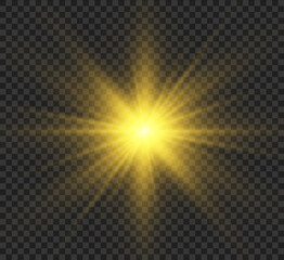 White glowing light explodes on a transparent background. Sparkling magical dust particles. Bright Star. Transparent shining sun, bright flash. Vector sparkles. To center a bright flash.