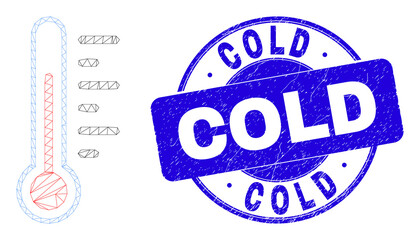 Web carcass thermometer icon and Cold seal stamp. Blue vector round grunge seal stamp with Cold message. Abstract frame mesh polygonal model created from thermometer icon.