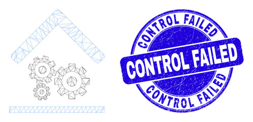 Web mesh engine service garage pictogram and Control Failed seal. Blue vector round distress seal stamp with Control Failed title.