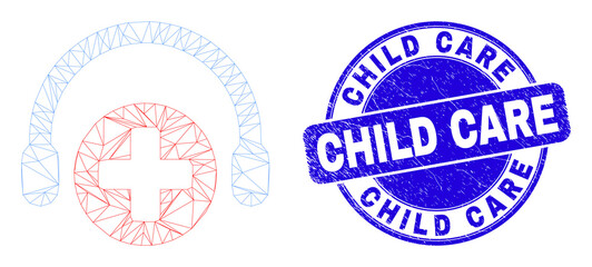 Obraz premium Web mesh medical assistance headphones icon and Child Care stamp. Blue vector round distress seal stamp with Child Care phrase.