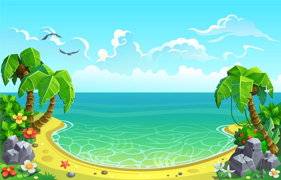 Sandy beach with palm trees. Sea gulf in the Tropics.  Vector background for design.