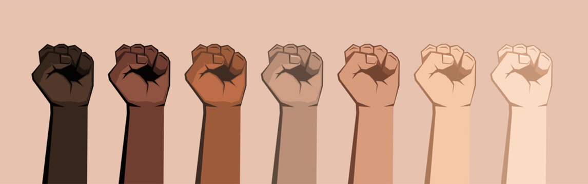 Set of seven raised fists of different shades.