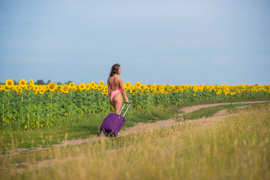 Beautiful woman in a pink swimsuit travels through the countryside with a suitcase. A girl in a monokini is walking alone on a field of sunflowers with a big bag. Hiking. Rest and social distance.