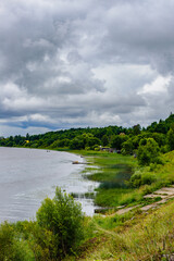 Green nature, plants, cloudy sky, river, outdoor, rain.