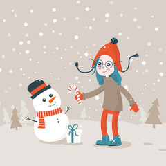 girl and snowman