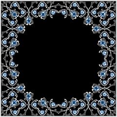 Vintage silver background with blue gems, square jewelry frame with ornamental border on black