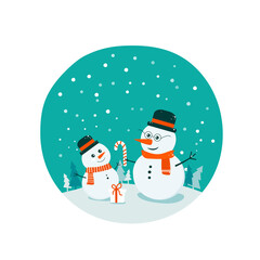 Flat bright vector illustration, cartoon big and small snowman, trees, flakes, snow in circle. Snowman family. Christmas and New Year card.