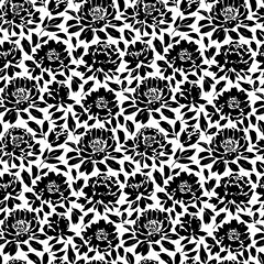 Seamless floral vector pattern with peonies, roses, anemones. Hand drawn black paint illustration with abstract flowers.