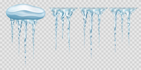 Snowdrift with hanging light blue realistic translucent icicles and a few extra. For use on light background. Transparency only in vector format